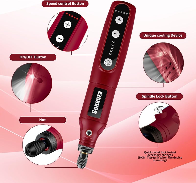 Gonanza Mini Cordless Rotary Tool Kit - 5-Speed, 3.7V Power Supply with LED Light 62 Accessories for Engraving, Sanding, Polishing, Type-C Rechargeable Perfect for DIY Crafts and Precision Work(Red) - Image 2